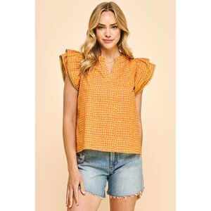 Pinch Doris Print Woven Ruffle Sleeve Blouse Top Mustard Magenta Colorful Boho